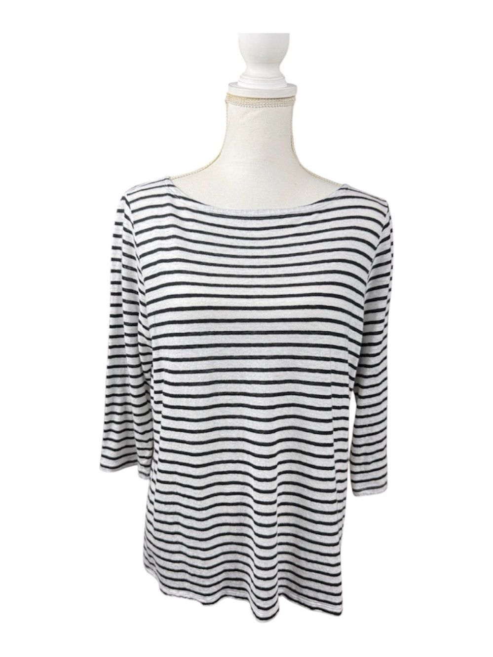Eileen Fisher Black & White Striped Bateau Neck Top 3/4 sleeves Boat Neckline